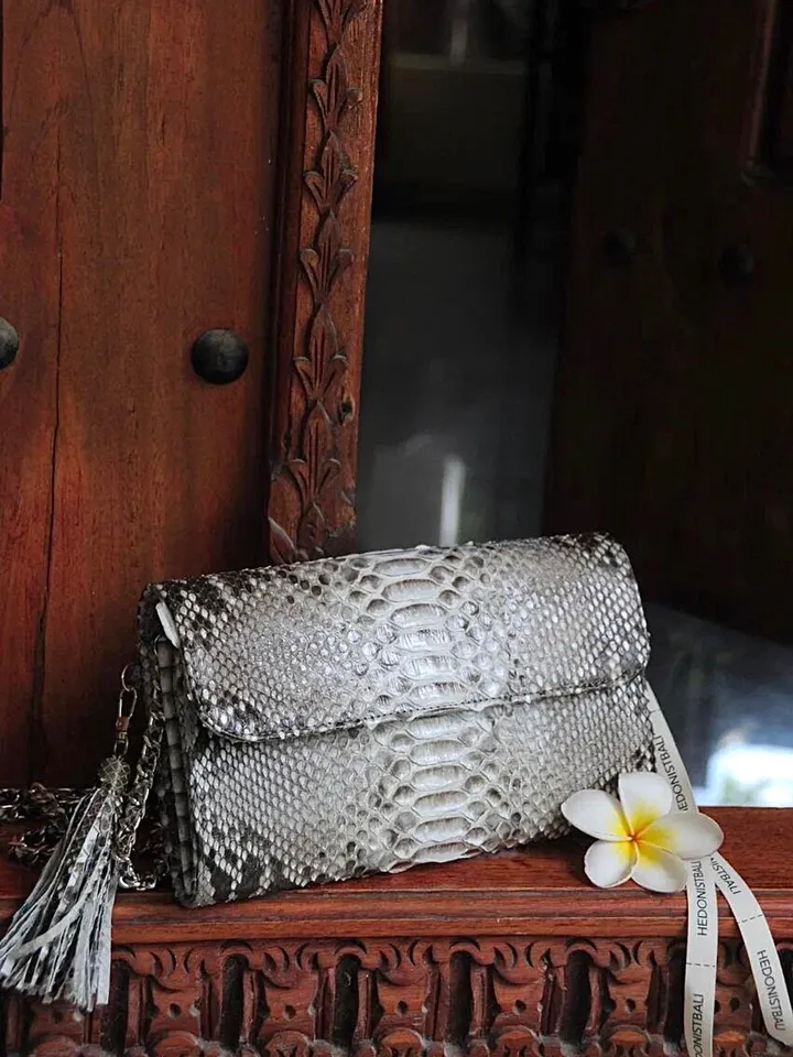 Genuine python skin classy grey flat clutch with shoulder chain | elegant evening women purse | designer leather bags | small snake bag