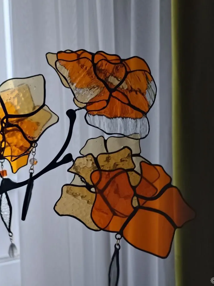 Yellow-Orange 3D Stained Glass Branch, 3D Branch in Yellow and Orange Tones, Handmade Stained Glass Floral Accent, Tiffany Glass Floral Twig in Warm Tones, Multilayer Yellow and Orange Stained Glass Stem, Artistic 3D Glass Flower Composition