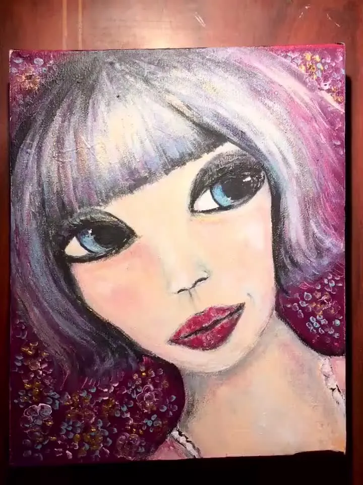 Miko-doll painting on 3 d canvas,original acrylic painting on canvas,Japanese doll painting, handmade painting home decoration,wall art