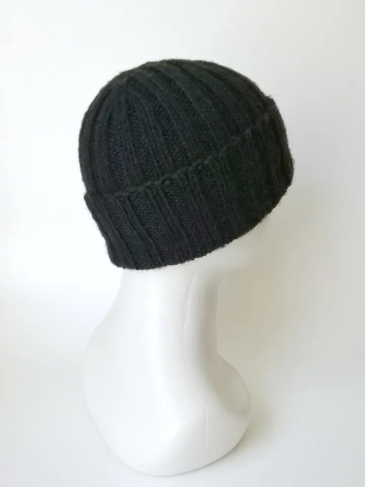 Handcrafted Black Men's Merino Wool Ribbed Beanie: Exceptionally Warm Hand-Knitted Winter Hat in Luxurious Soft Yarn. FREE SHIPPING!