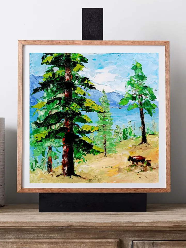 Lake Tahoe Painting Bears Art Sequoia Original Art National Park Impasto Oil Painting Small Impressionist Art Travel Gifts by ArtProkopaloSv