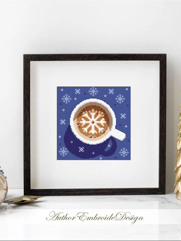 Christmas coffee cross stitch pattern PDF download Christmas cross stitch, Cup of latte cappuccino coffee with snowflake cross stitch #N148