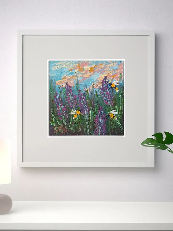 Lavender Fields Painting Bees Original Art Floral Wall Art Small Oil Painting