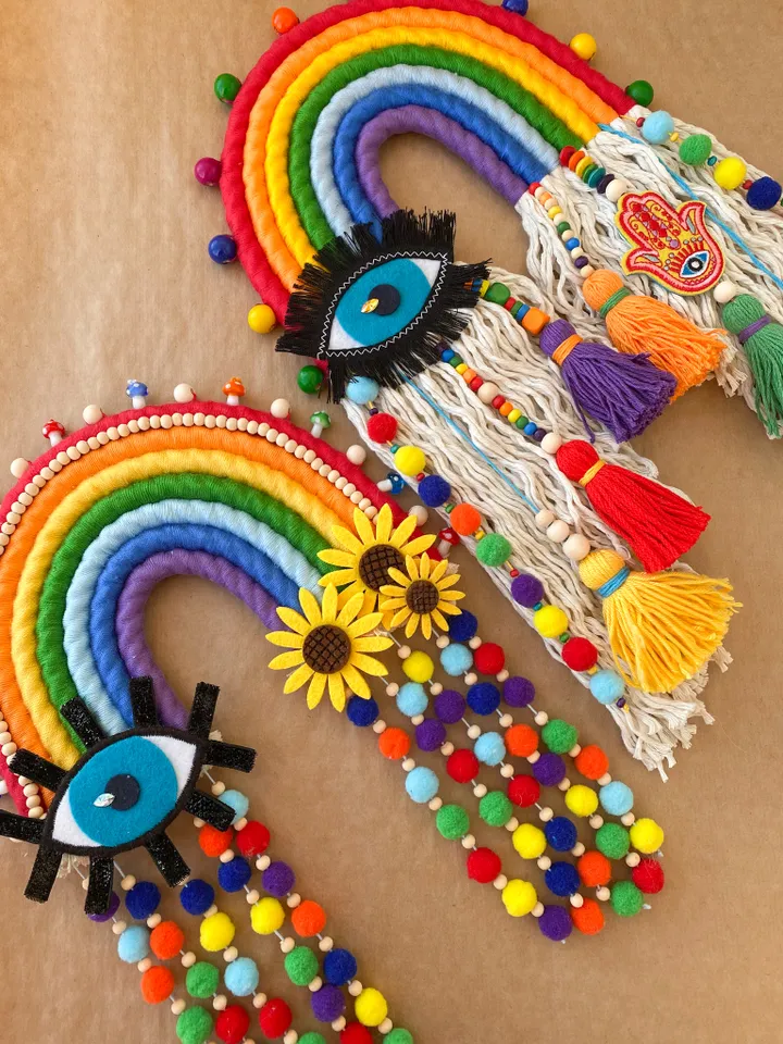 Macrame rainbow wall hanging, Evil eye and hamsa hand, Hippie room decor, Housewarming gift, Dorm room decoration