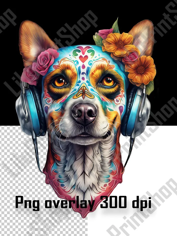 Dog with headphones and flowers png clipart Floral dog head overlay. Digital instant download for sublimation
