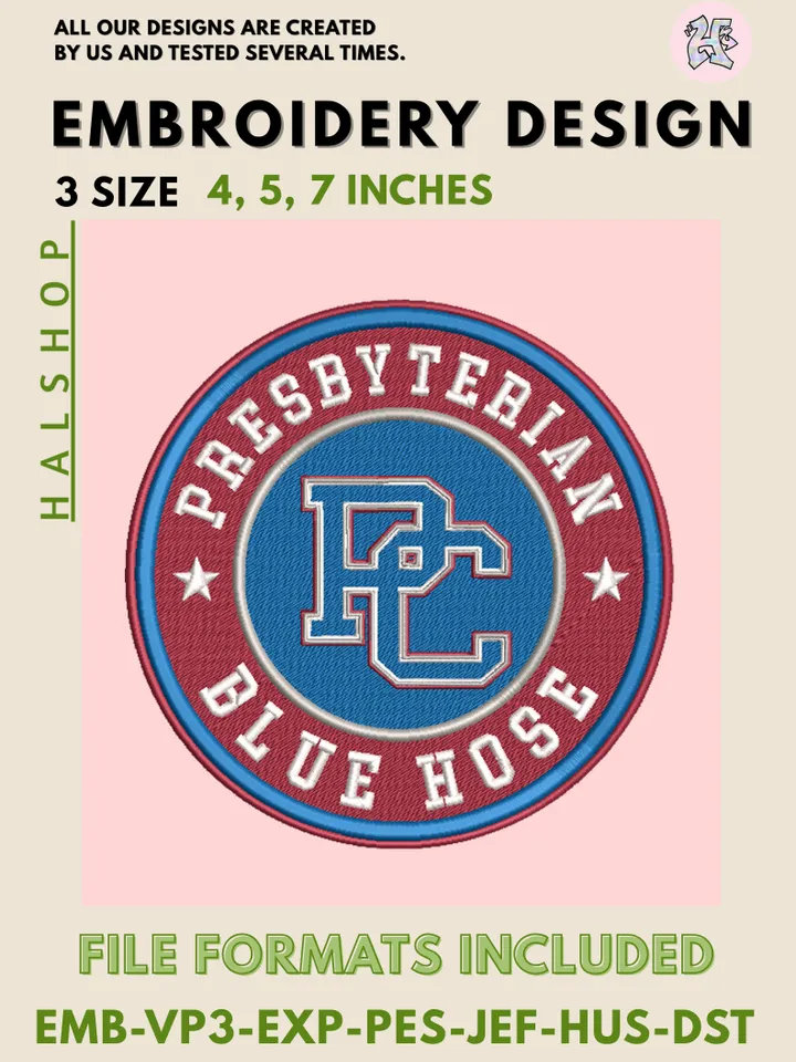 NCAA Presbyterian Blue Hose Round Logo Embroidery, NCAA Presbyterian Blue Hose Logo Embroidery Files, NCAA Teams, Machine Embroidery Designs, Digital Download