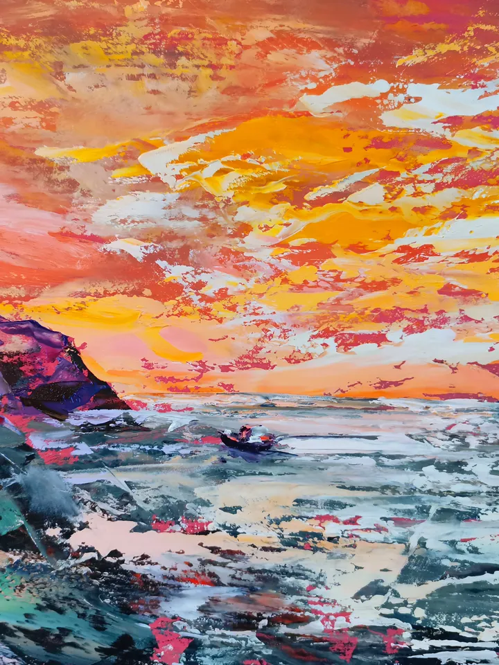 Mountains Sea Ship Bright Sunset Original Art Oil Painting Artist Svinar Oksana