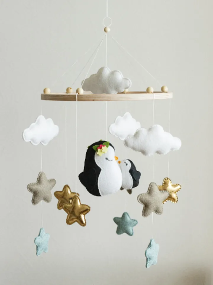 Handcrafted Penguin and Stars Themed Felt Baby Mobile - Customizable Nursery Decor