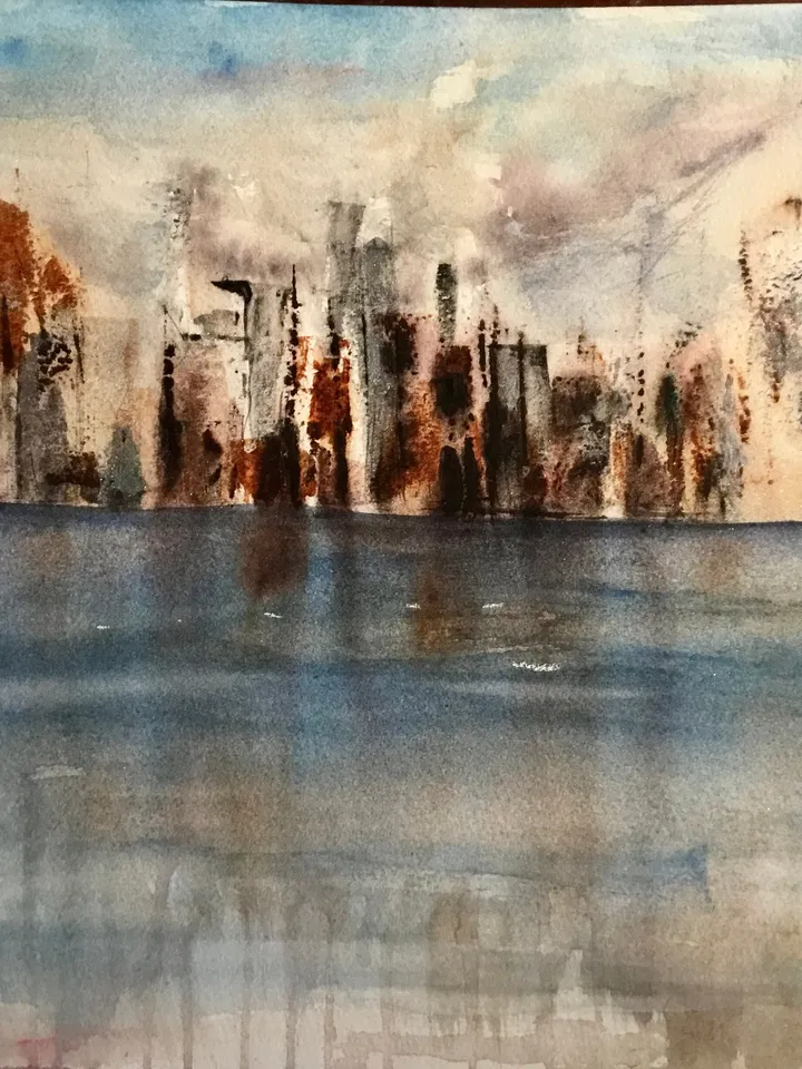 Semi-Abstract watercolour cityscape,original watercolour painting,cityscape wall art,seascape,skyline,skyscapes,blue grey copper painting