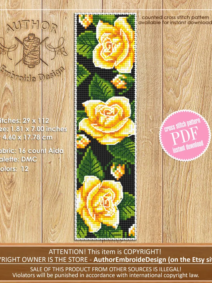 Flower bookmark cross stitch pattern PDF download Yellow rose cross stitch chart, Handmade bookmark digital PDF, Floral cross stitch #B212