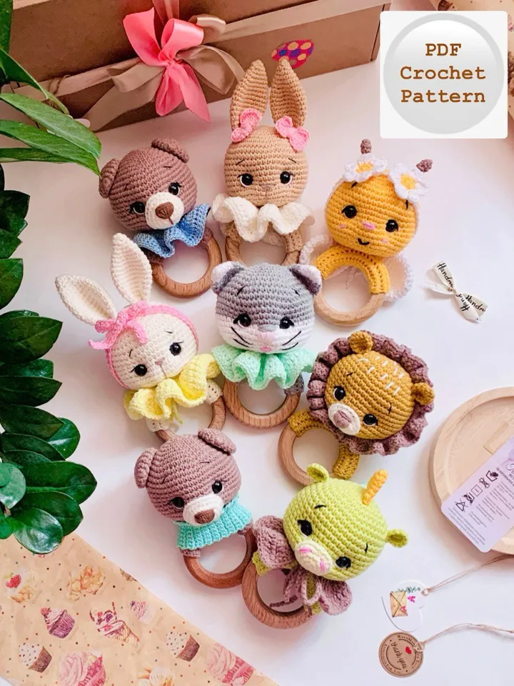 Crochet Pattern Rattle, toy for baby toddlers, Crochet Cute, Amigurumi Little Hands Toy, Plush Animal Bear, Bunny, Lion, Cat, Bee, Fox, Dragon”