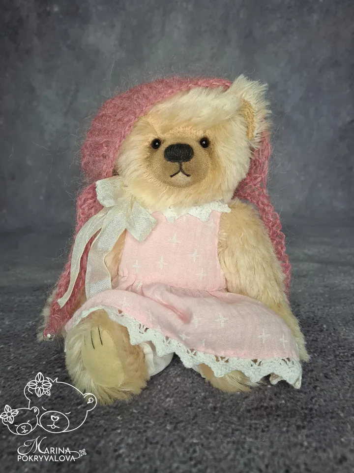 Mohair teddy bear in dress. Jointed bear toy. Handmade teddy bear. Artist bear.