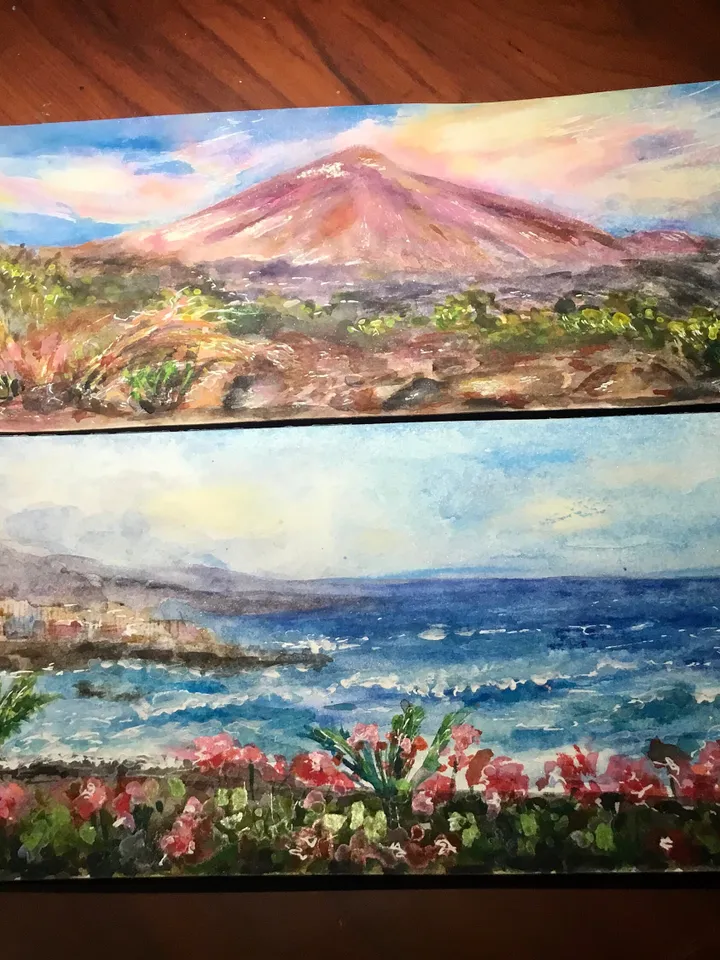 Tenerife,Canarias original watercolor panoramic painting,Teide mountain,Puerto de la Cruz beach,holiday islands memory,unique handmade gift.