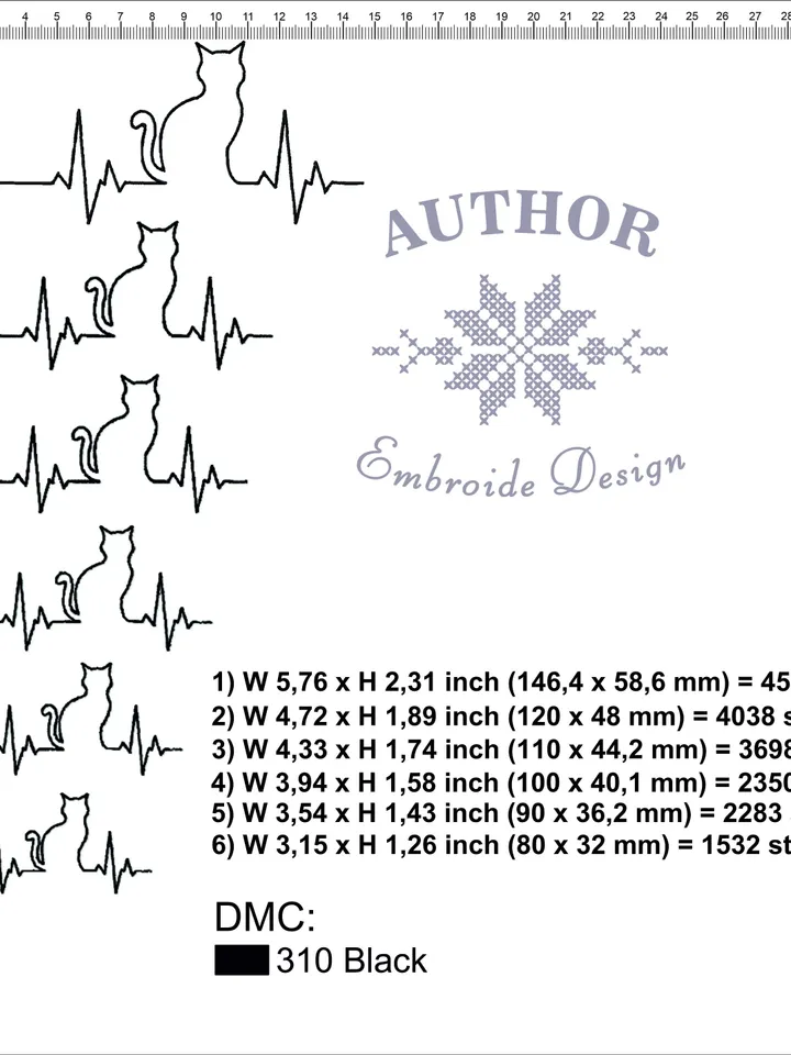 Cat heartbeat embroidery designs Machine embroidery pattern 6 size Embroidery files cat silhouette as outline embroidery Cat lover gift #R24