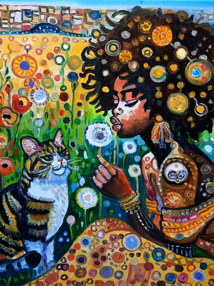 African Girl and Cat   Art  Original Oil painting Oil on canvas