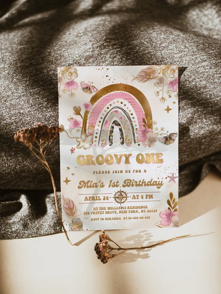 One Groovy Baby Editable Any Age Pink Groovy Van Daisy Rainbow Hippie Birthday Invitation Let's get Groovy 1st Birthday Invitation ;