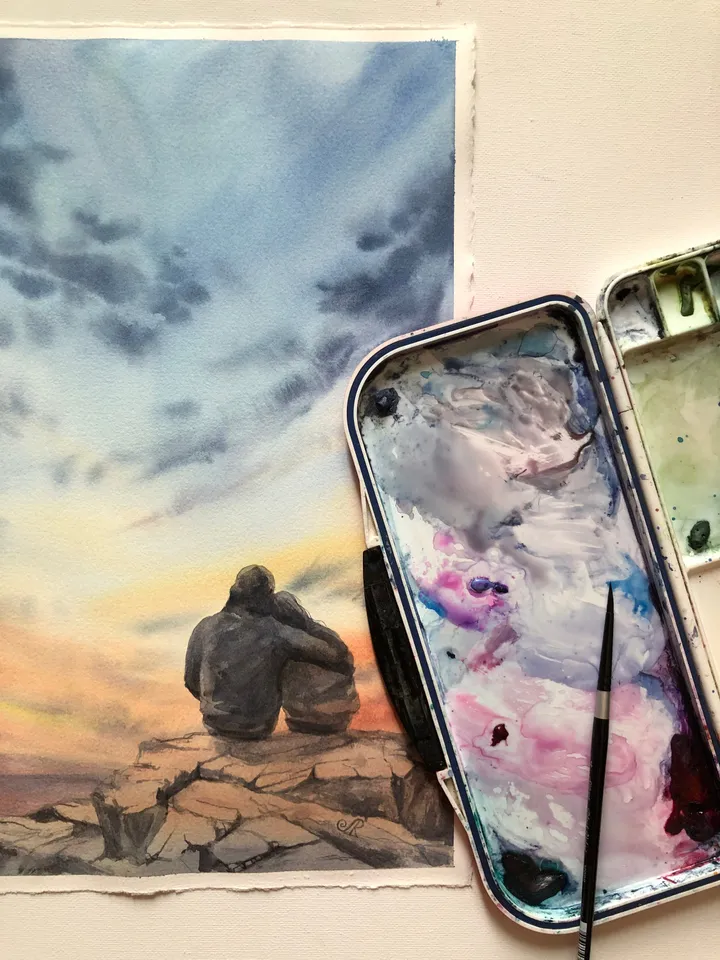 Sunset Original Seascape Painting Watercolor Romantic Painting Love Art