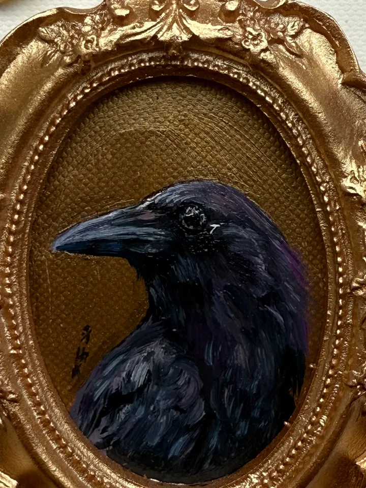 Framed Raven Painting Small Original Corvid Artwork Crow Art Tiny Oil Painting Bird Oval Frame