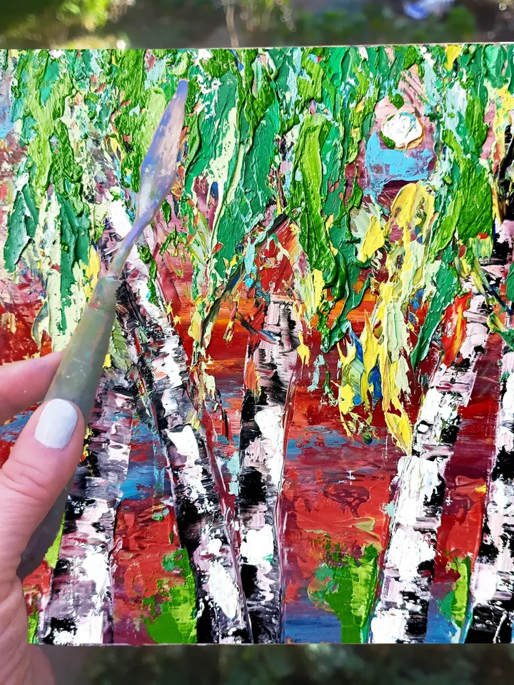 Vermont Painting Birch Tree Original Art Fall Impasto Oil Painting Landscape Wall Art Birch trees painting 8 by 8 in by ArtProkopaloSv