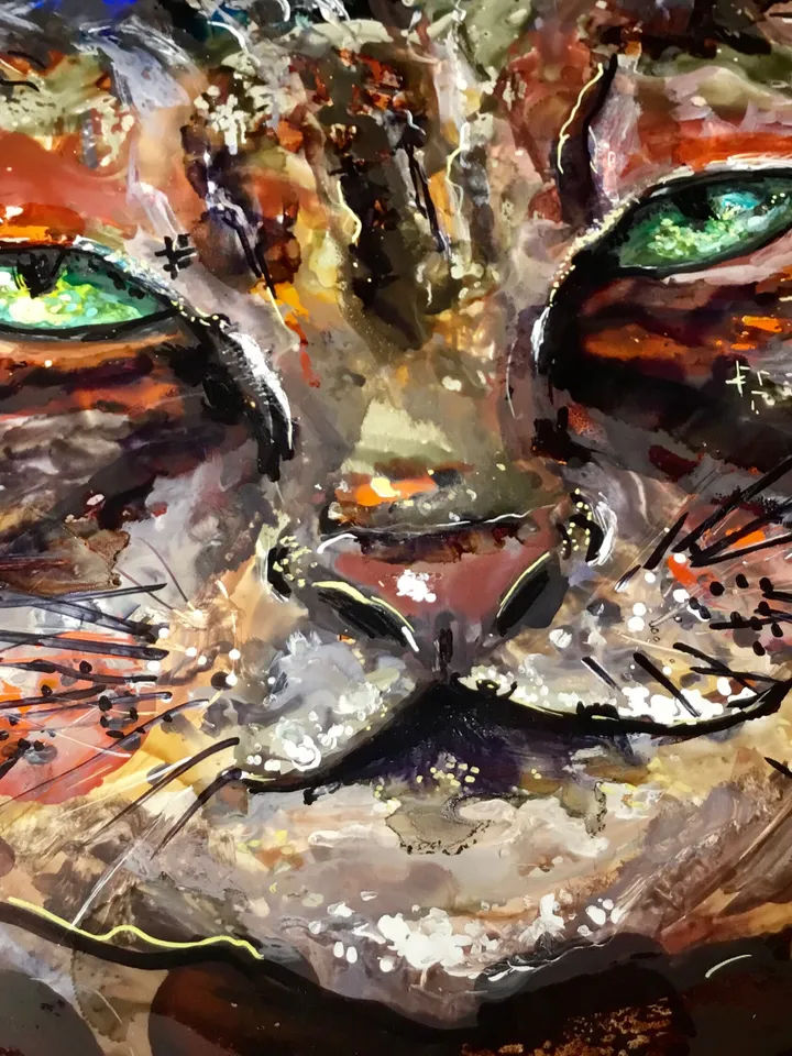 Moody cat,mix media watercolour and alcohol inks painting on yupo paper,original one of a kind,kids room decoration,for cat lovers.
