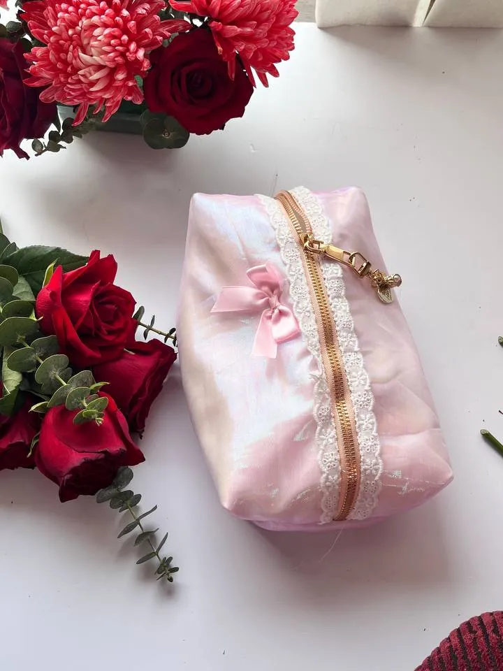 Princess Bow Makeup Bag, Girly cosmetic bag, personal items holder, with a cute lace detail