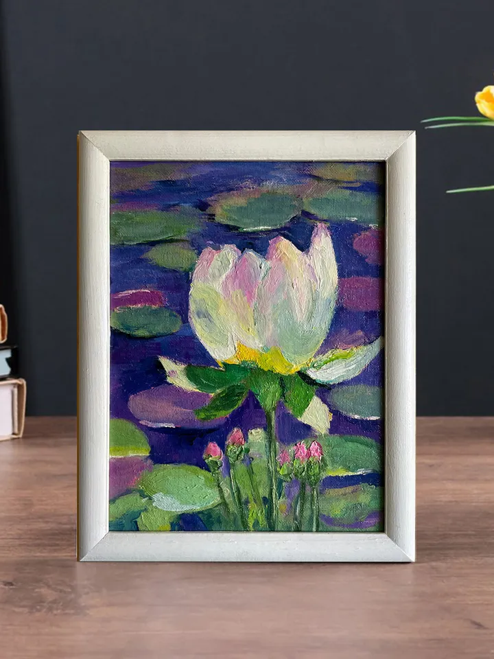 Water lily painting, original oil painting, framed flower painting, White lotus wall art