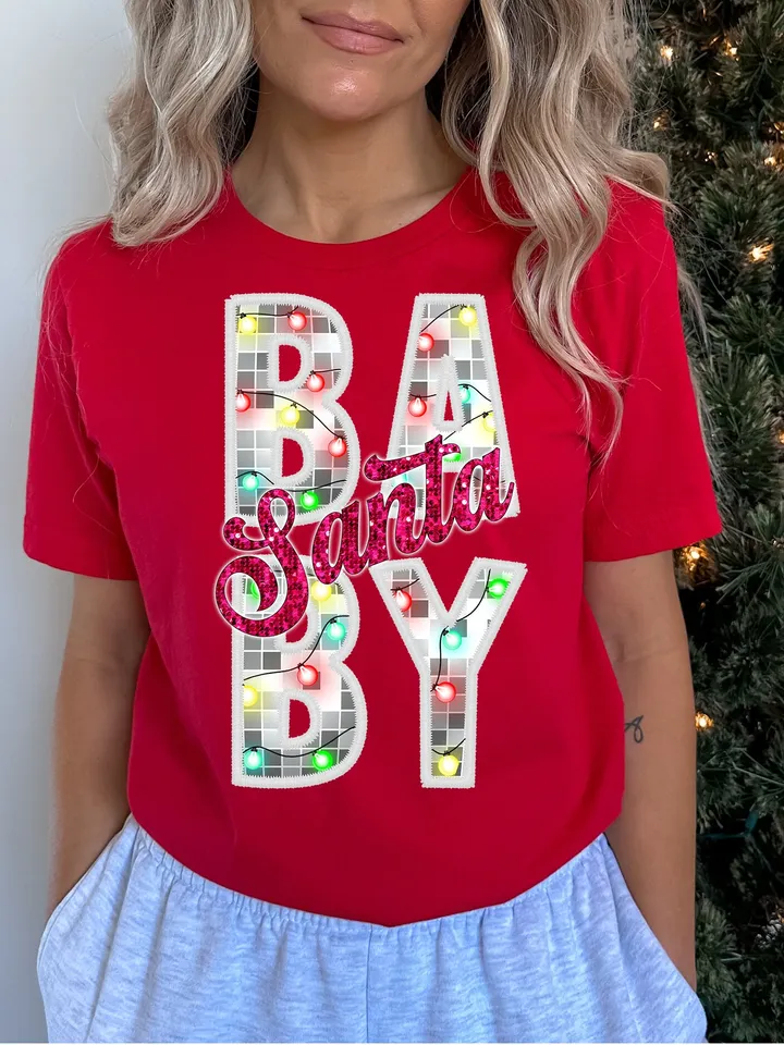 Santa PNG Santa Baby Faux Glitter Sequins Embroidery Letters PNG Pastel Christmas PNG Christmas Lights, Trendy Pink Christmas sublimation