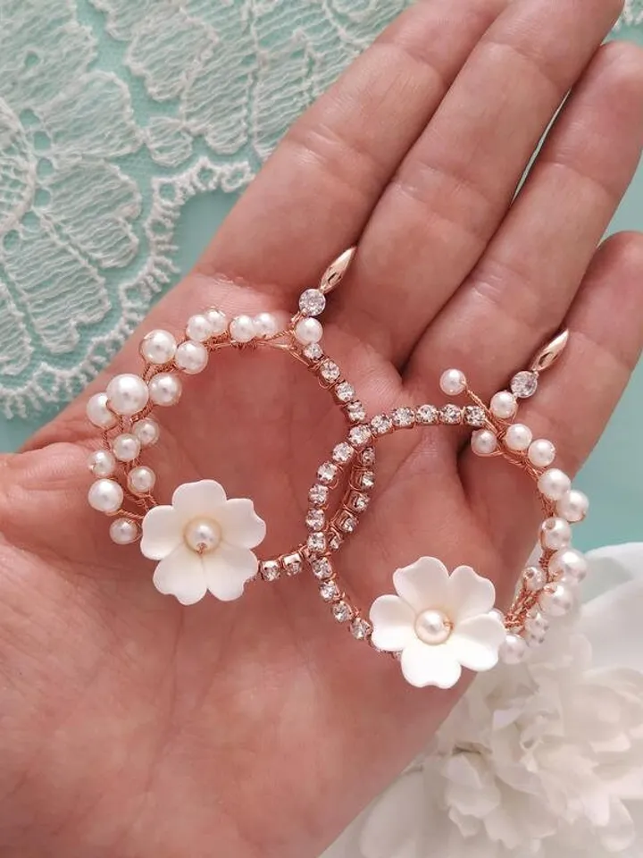 Rose Gold Hoop Floral Wedding Earrings, Porcelain Flower Bridal Earrings, Crystal Chandelier Statement Earriungs, Pearl Bridal Jewelry,