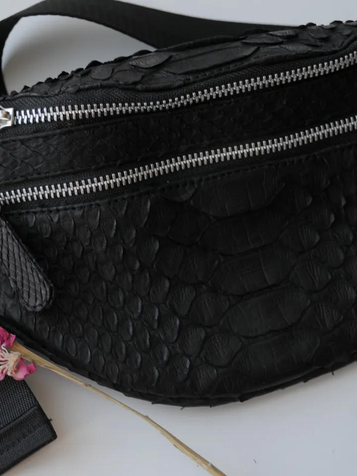 Genuine Python Skin Fanny Pack Black Color | Leather Belt Bag | Summer Bags | Unisex Fanny Pack | Exotic Leather Bags | Snake Print Bag