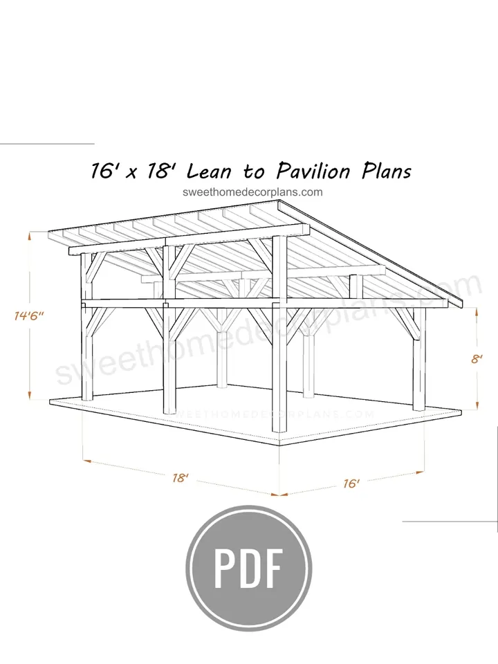 DIY 16 x 18 lean to pavilion plans pdf. Detached carport plans. Wooden covered gazebo outdoor plans. Timber frame backyard pavilion plans.