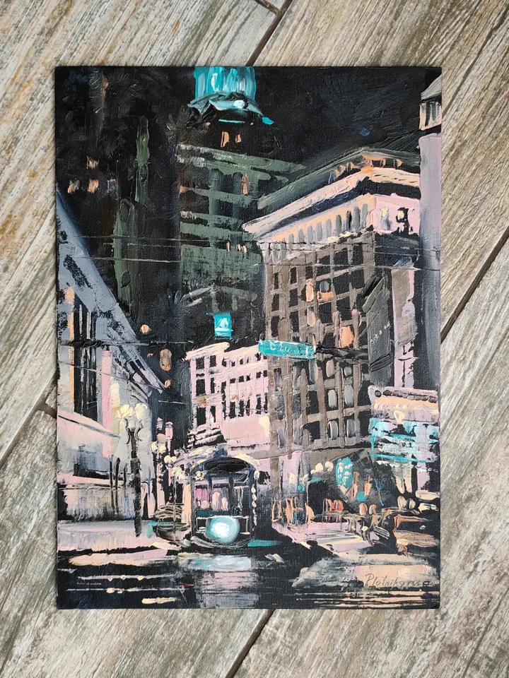 New Orleans painting Cityscape Original Art Night Tram painting Louisiana landscape Night Orleans by Natalia Plotnikova