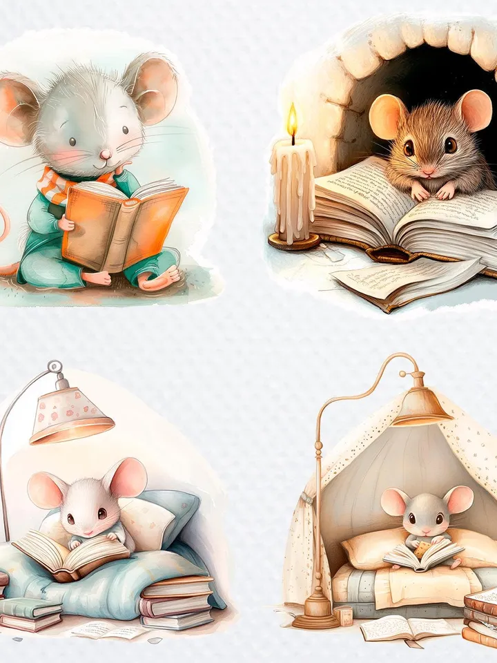 13 Mouse Reading Book PNG Bundle, Mouse Bedroom Watercolor clipart for sublimation, High Quality PNGs, Digital Paper crafts, junk journal