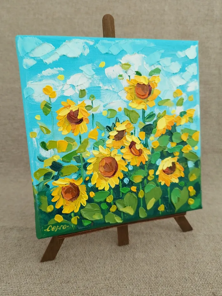 Sunflowers In The Field. Original Art. 6x6 inches.