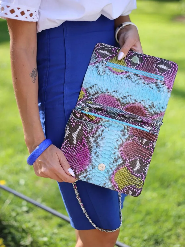 Genuine Python Skin Multicolor Flat Crossbody Bag | Exotic Leather Bags | Summer Bags | Classy Leather Women Handmade Bags | Leather Purse