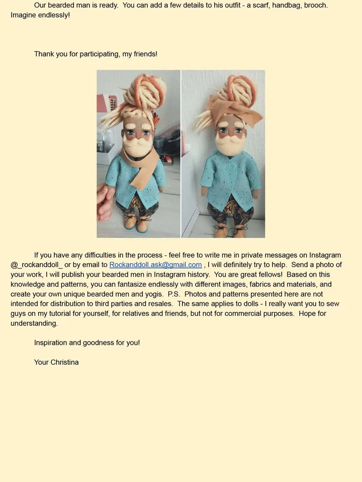 DIY textile doll “Bearded man with dreadlocks" PDF Eng