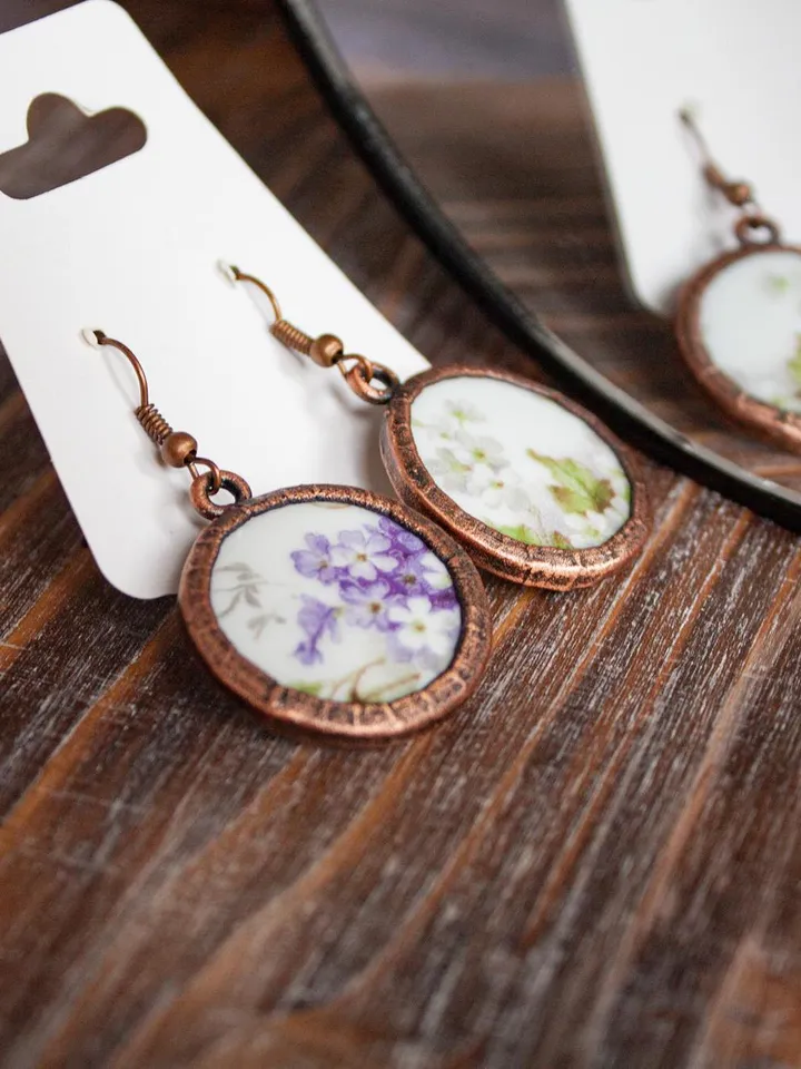 Unique handmade porcelain earrings in a copper frame made using the electroforming process