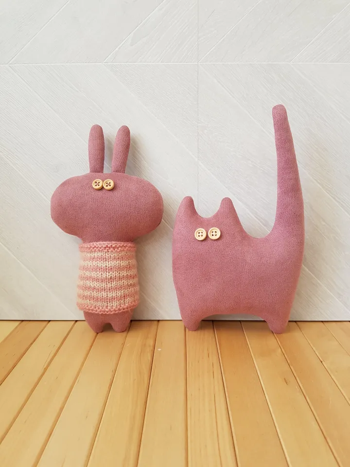 Stuffed animals patterns PDF Cat and Rabbit in sweaters, set of 2 tutorials in English for sewing and knitting