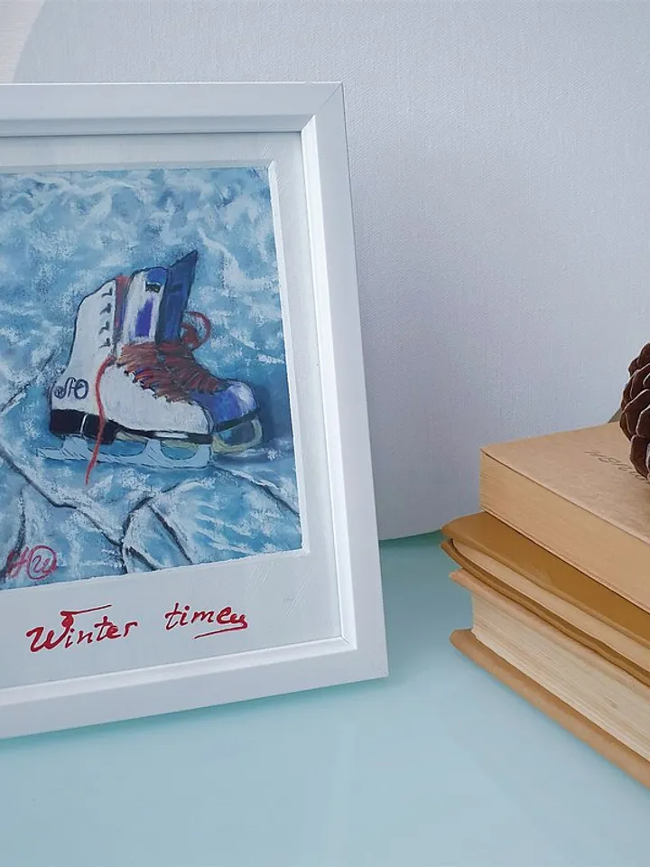 Ice Skates Painting Christmas Original Art Winter Wall Art Frame Painting