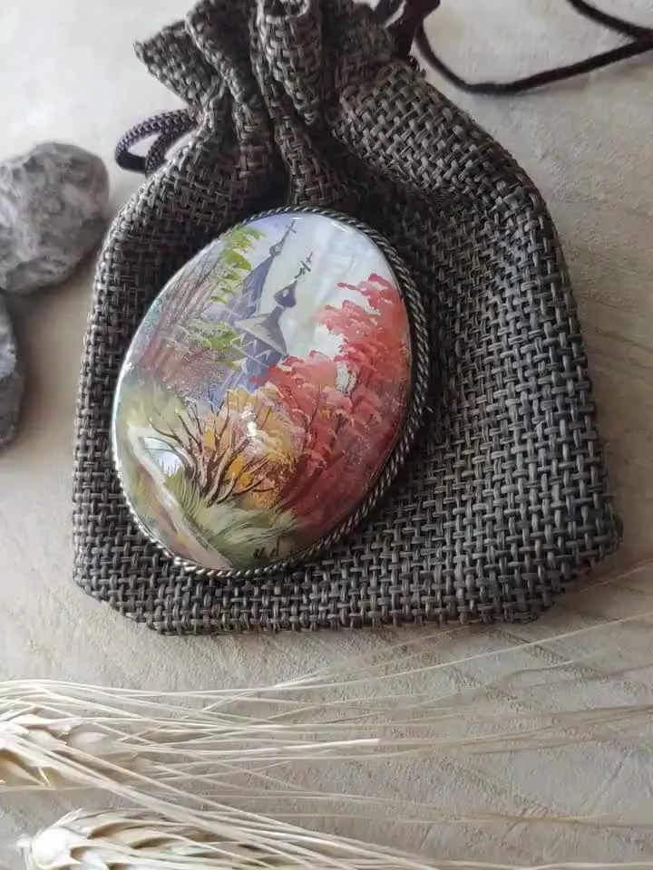 Brooches for women: Village Church in fall season Forest painted on aesthetic brooch • Dainty handmade jewelry • gorgeous pin for dress