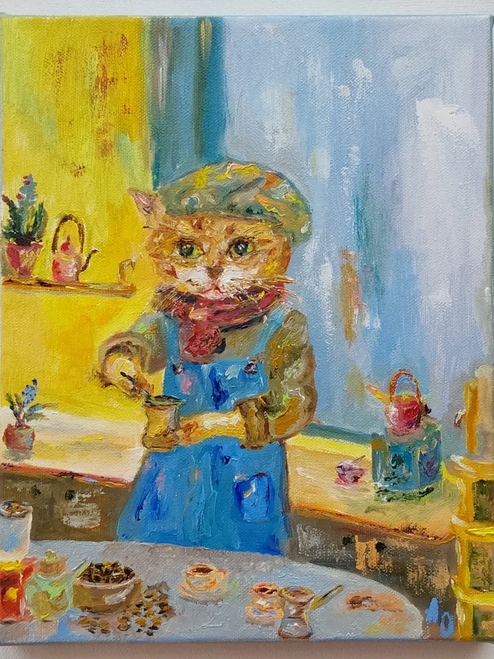 Oil painting on canvas "Cat Barista" 24x30cm (9.6x12 inch)