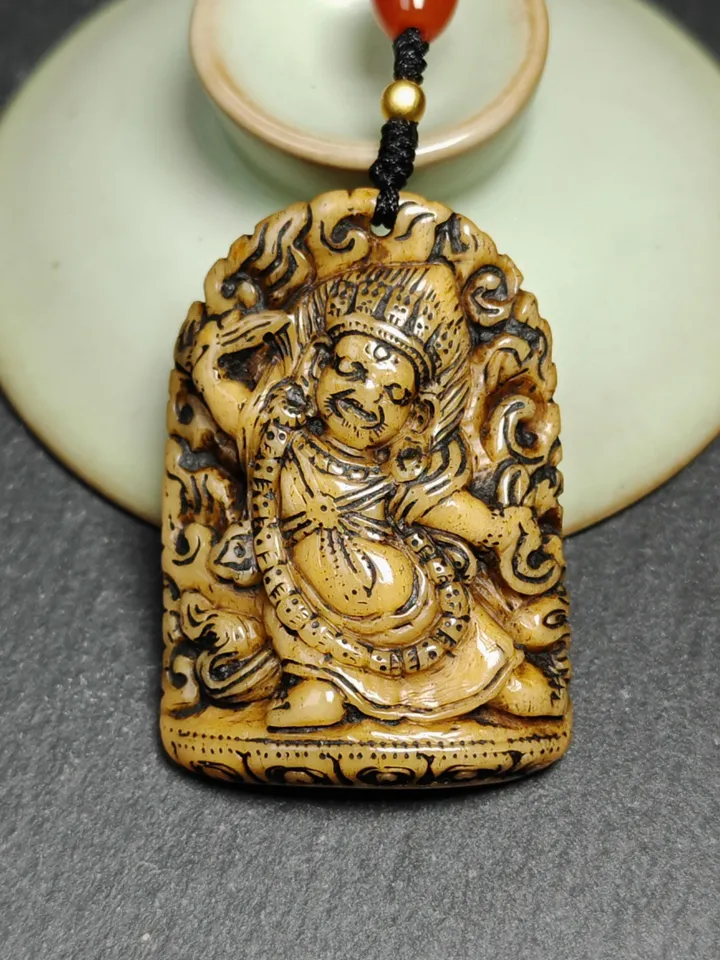 Gandhanra Vintage Tibetan Buddhism Statue Pendant,Old Yak Bone Carved Vajrapani Amulet Badge,the Protector and Guide of Gautama Buddha