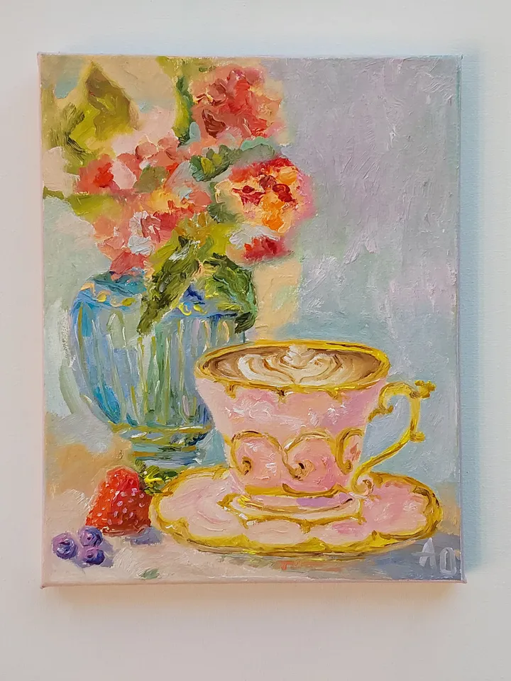 "Cup of coffee" oil painting on canvas 20x25cm (8x10inch)