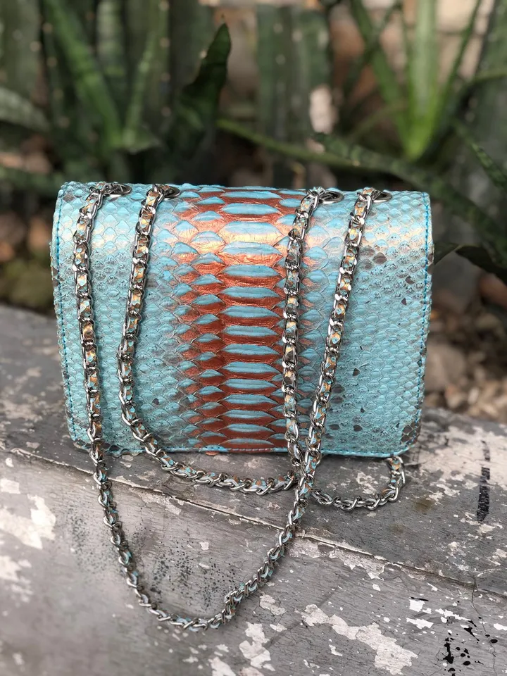 Small Shiny Genuine Python Skin Crossbody Bag | Designer Leather Bag | Evening Chain bag | Exotic Leather Bag | Woman Evening Bag Light Blue