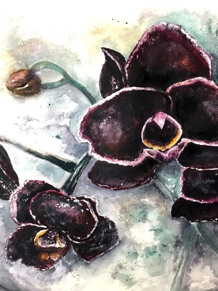 Black orchids,original watercolour painting,orchids wall art,watercolor flowers wall decoration.