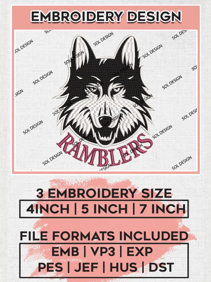 NCAA Ramblers Team Head Mascot Logo Embroidery Design Files, NCAA Loyola Chicago Ramblers Machine Embroidery, NCAA Teams, 3 sizes, NCAA Machine embroidery designs, Digital Download