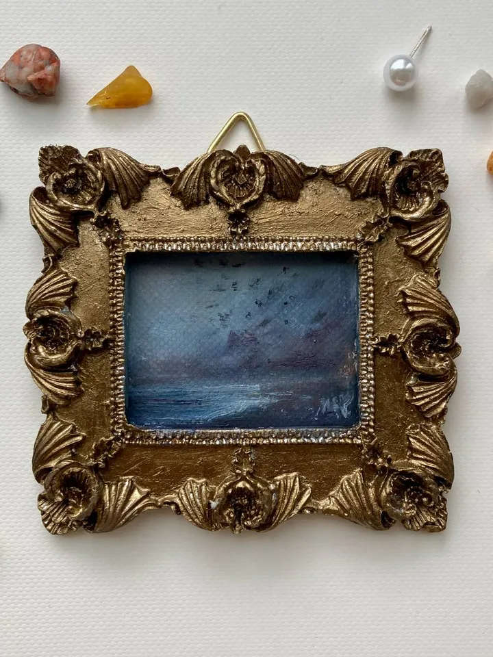 Small Landscape Oil Painting Framed Original Dark Ocean Art Coastal Antique Frame Tiny Paintings 3 x 4 Art Victorian artwork