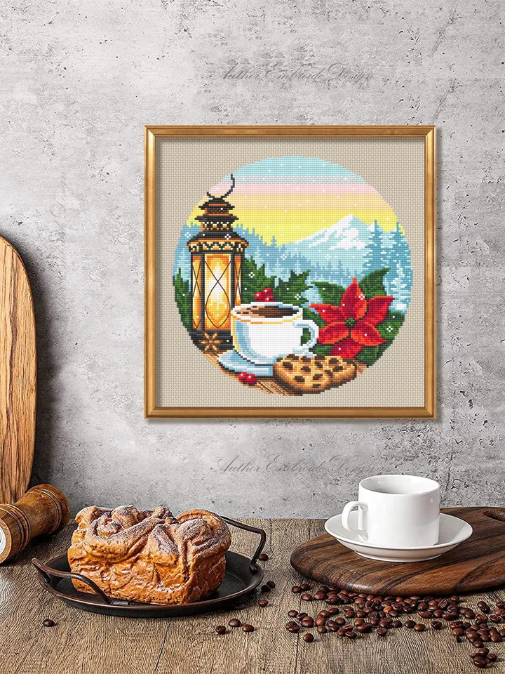 Christmas coffee cup cross stitch pattern PDF download Cozy cross stitch chart, Christmas pattern digital PDF, Mountain landscape #N190
