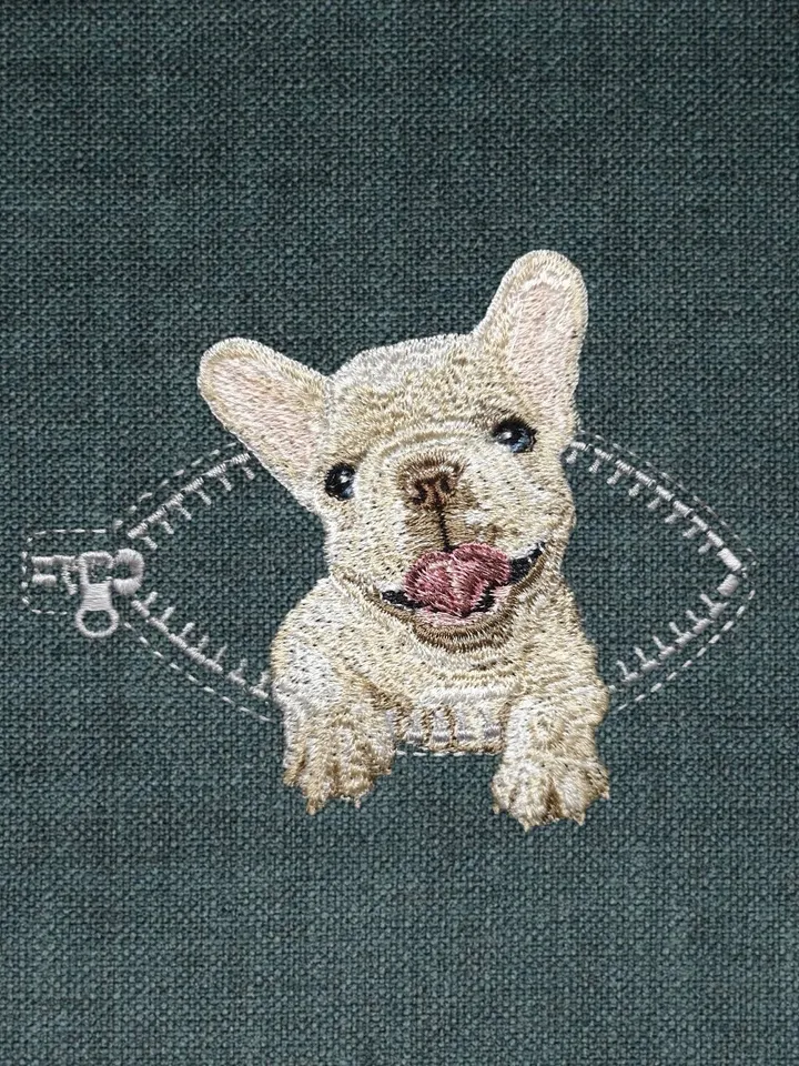 French bulldog in a zipper pocket Miniature realistic machine embroidery design Pet design Dog realistic pattern bulldog embroidery pattern