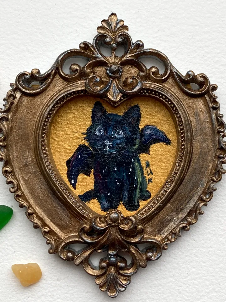 Bat Cat Painting Small Original Framed Art Goth Bat Gifts, Mini Gold Framed Decor, Cat Bat, Black Cat Art, Tiny Art Whimsigoth Decor
