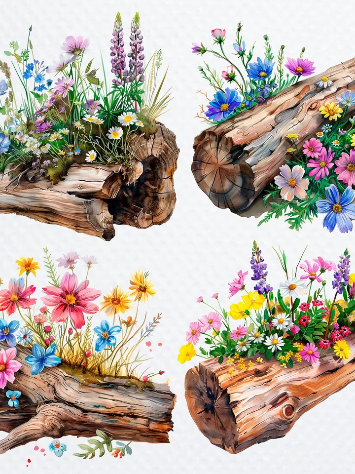 12 Wildflowers On Log png Clipart, Wild Flowers png, Printable Watercolor Wildflowers clipart for sublimation, Paper craft, junk journal